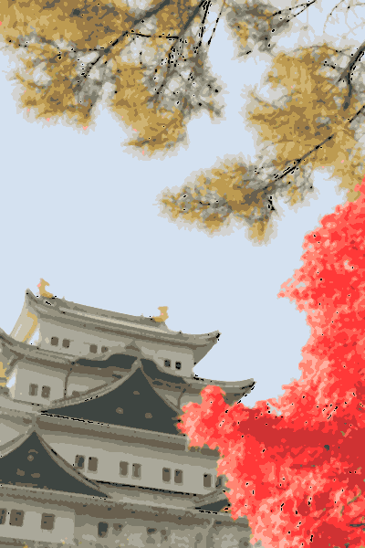 城と紅葉を手描き風イラストに変換した結果